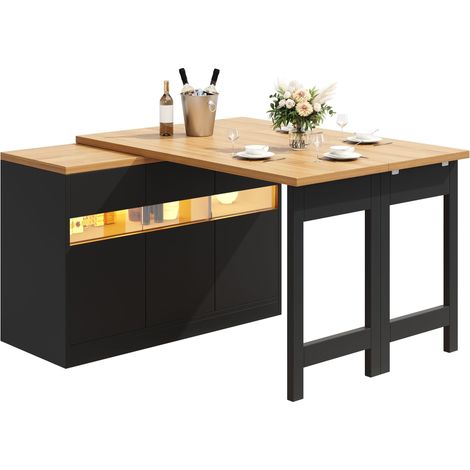 Îlot central de cuisine extensible Noir, table de bar avec rangement, plan de travail, prise avec USB, LED (1/5)