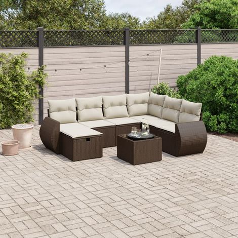 Set de Jardin Modulaire 8 Places avec Coussins Résine Tressée Marron Table Verre Trempé 55x55cm (1/4)
