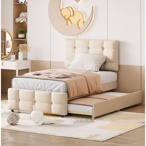Cama nido tapizada de lino beige 90x200 cm, cabecero ajustable y somier de láminas