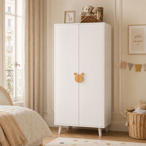 Armoire enfant 70x55x170 cm avec 2 portes, penderie, grand rangement et poignées cartoon - bois/MDF - Blanc (1/5)