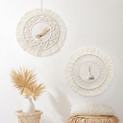 Lot de 2 Miroir Mural Macramé Rond Miroir Muraux avec Frange Suspendu Miroir Pendentif Art Ornement Boho Decor pour Appartement Maison Chambre Salon(Beige, 2 Pièces) NPTERBL (1/5)