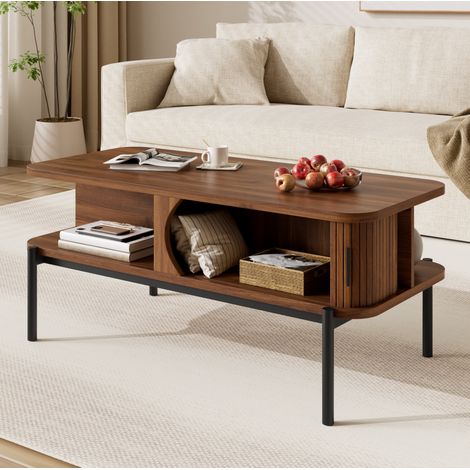 Mesa de centro rectangular 100 x 45 x 43 cm de MDF acabado nogal con puertas correderas (1/5)