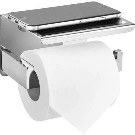 Silberner Toilettenpapierhalter mit integrierter Ablage, Edelstahl, Wandmontage ohne Bohren.