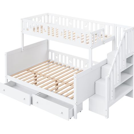 Lit superposé pour enfants 90200/140200 cm, en bois massif, avec escalier de sécurité, deux grands tiroirs et sommier à lattes, blanc (1/5)