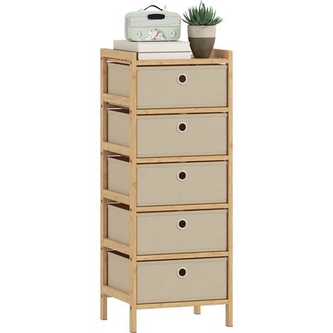 Chest of Drawers, 5 Fabric Drawers Narrow Dresser with Bamboo Frame, Cream White