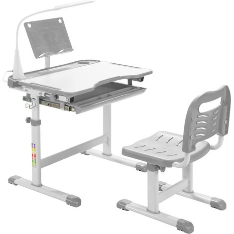 Set scrivania e sedia per bambini con altezza regolabile, Scrivania e sedia con leggio per libri e luce LED Grigio (1/3)