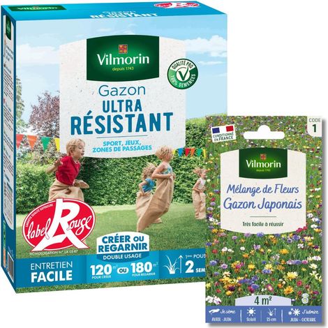 Gazon Ultra Résistant - Label Rouge - 3 kg + Gazon Japonais - 4 m² - Mélange de fleurs Vilmorin (1/2)