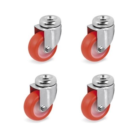 Lot de 4 roulettes à oeil pivotantes polyuréthane rouge 40 mm - 120 Kg (1/2)