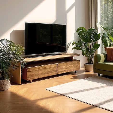 SIXTINE - Meuble TV 2 tiroirs 160x40cm en bois de teck recyclé (1/5)