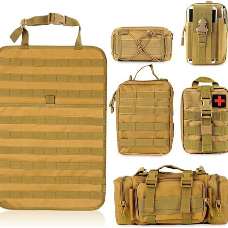 Taktischer Autositz-Organizer, Molle-Panel mit 5 abnehmbaren Molle-Taschen für alle Autos, LKWs (Khaki)