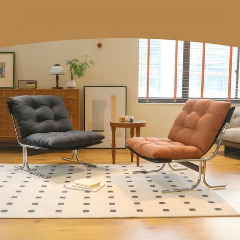Fauteuil lounge style Barcelone en simili cuir noir, garniture amovible, piètement métal, assise moelleuse pour salon, salle d'attente, chambre, balcon. (1/5)