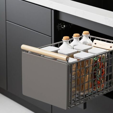 Tiroir Coulissant Télescopique pour Placard, Cuisine Adhesif, Panier Rangement Extensible avec Glissières, Gris, 39.5-56.5 x 23.5 19.5 cm -