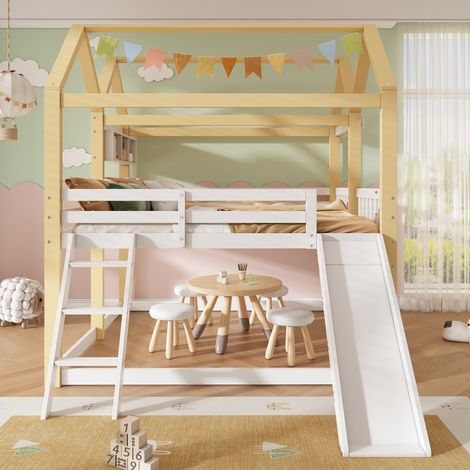 Lit mezzanine enfant 90x200cm avec toboggan et échelle, lit cabane en bois blanc et naturel, lit de jeu mi-hauteur avec porte, toboggan et échelle installables à gauche ou à droite, lit enfant avec es (1/5)