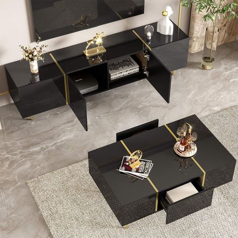 Meuble TV noir laqué moderne + table basse assortie – ensemble salon (1/5)