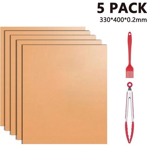 Tapis De Grill Réutilisable - 5 Pièces 40 x 33 cm Épaisseur 2 mm Résistant Jusqu'à 260 °C Pour Grill À Charbon Bois Gaz Électrique Four - Set Complet Avec Pince De 30 cm Et Brosse En Silicone Alimenta (1/5)