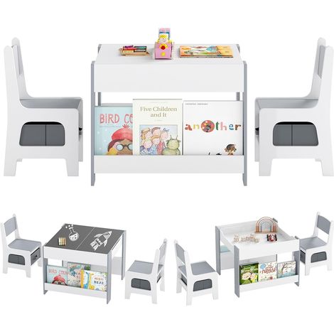 COSTWAY Set Tavolino Bambini con 2 Sedie per Bambini, Tavolo e Sedie 4 in 1 con Piano Doppa Faccia, Librerie Laterali e Scatola in Tessuto, Mobile Salvaspazio per Asilo, Scuola e Cameretta (Grigio) (1/5)