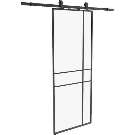 Porte coulissante avec système en applique et design asymétrique - aluminium et verre trempé - H204 x L83 cm - Noir - SANIVA (1/5)