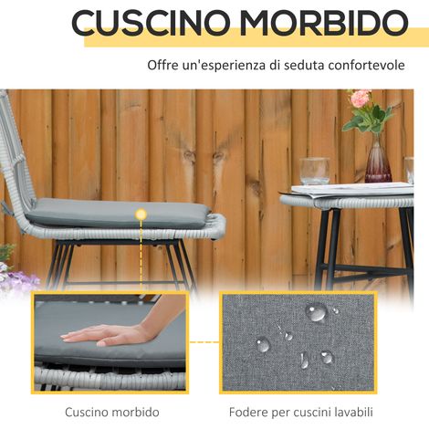 Set de 3 pièces rotin PE acier gris, table bistrô verre + 2 chaises, pour balcon patio terrasse extérieur (1/5)