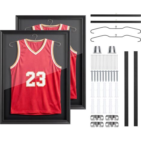 Mophorn Vitrina para camisetas deportivas, 80 x 59 cm, caja expositora de madera con panel de policarbonato que bloquea el 98 % de los rayos UV, con colgador y cierre magnético, paquete de 2 (1/5)