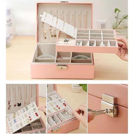 Boîte à bijoux double couche en PU, boîte de rangement pour bijoux, boîte de rangement pour bijoux, boîte de rangement pour bijoux 23 x 17 x 9 cm, rose. (1/5)