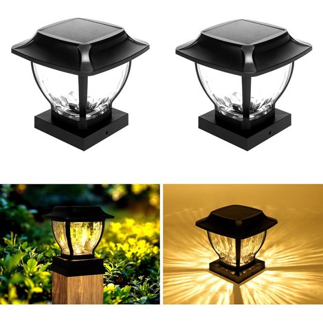 Lampe Solaire Chapeau de Poteau, Lot de 2 Capuchon de Poteau Solaire, 2 Modes Lampe LED Lampadaire Solaire Extérieur pour Poteau de clôture Patio (Blanc Chaud) (1/5)