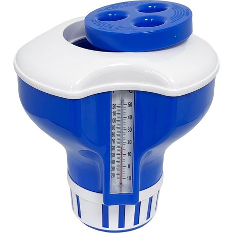 Large floating dispenser that includes thermometer, adjustable chlorine dispenser, chlorine and bromine tablets, pool accessories, frame pool. (1/5)