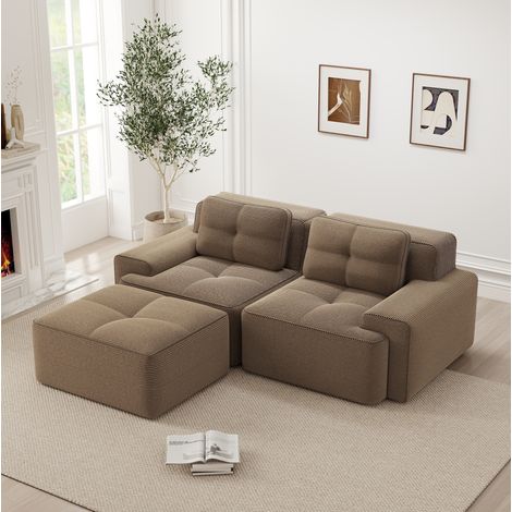Sofá modular en L 74 cm marrón de pana con asiento profundo y otomana (1/5)