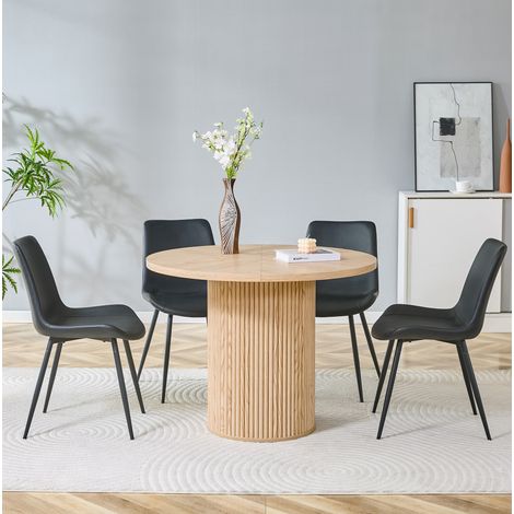 Set tavolo e sedie rotondo 100 cm MDF, 4 sedie in PU nero effetto legno naturale OKMYHOME (1/5)