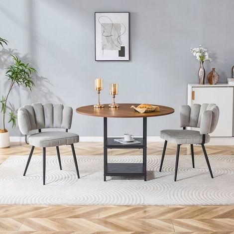 Table et Chaises de Salle à Manger 107 cm table ronde aspect noyer 2 chaises en tissu gris dossier structuré en forme de fleur (1/5)