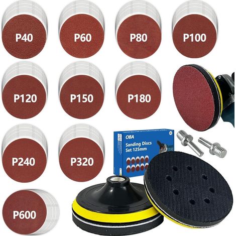 Schleifscheiben Set 125mm Klett für Winkelschleifer & Bohrmaschine, 100 Stk. Körnungen P40-P600 (1/5)