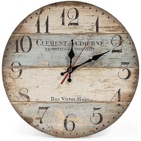 Horloge murale ronde en bois vintage silencieuse de 30 cm (12 pouces) avec chiffres arabes, style rustique chic, décoration murale pour la maison (Victor Hugo) (1/5)