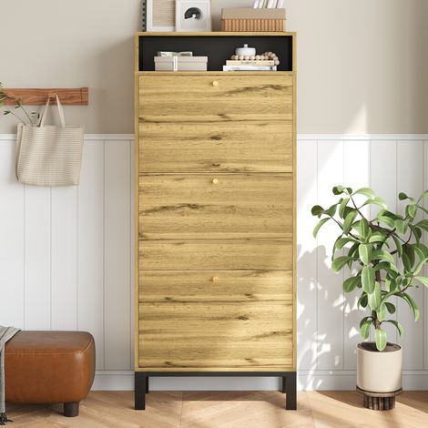 Zapatero de MDF color natural 63 x 24 x 147 cm con 3 puertas abatibles y estantes abiertos (1/5)