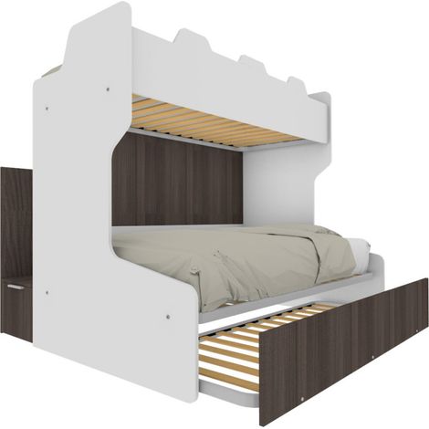 Letto a castello salvaspazio con scala contenitore - 1 Piazza e mezza + singolo - Bianco e Olmo (1/5)