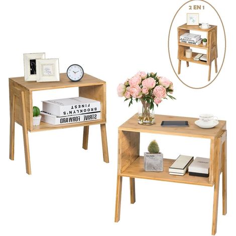COSTWAY Lot de 2 Table de Chevet/Table d'Appoint avec fonction superposable-Bambou 100% naturel pour Salon, Chambre 43 x 29 x 42cm (1/5)