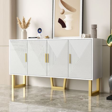Buffet 4 portes 150x40x82 cm à motifs 3D blanc brillant et métal doré