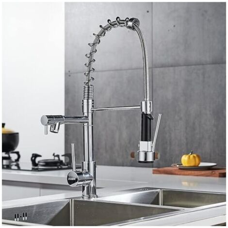 Robinet de cuisine pivotant à 360°, robinet de cuisine en laiton chromé, robinet de cuisine à double jet et douchette flexible argentée