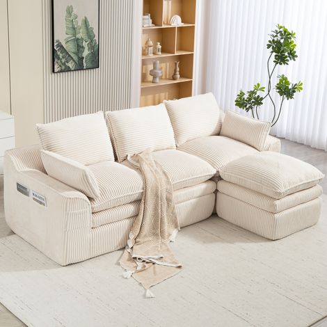 Canapé modulable 3 places 263x167x85 cm avec pouf, coussins, 2 poches latérales, assise à ressorts et mousse 3 couches, velours côtelé, Beige (1/5)