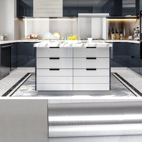 Papier de Contact Effet Métal Argenté étanche pour Dosseret de Cuisine Armoire de Comptoir Résistant à l'huile 40cm x 600cm Aluminum Rouleau de Vinyle Auto-adhésif pour Meubles Amovible (1/5)
