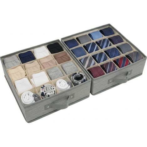 Set di 2 Organizer Cassetti armadio 16 Posti in Tessuto TNT Rigido grigio con Divisori per Calzini Mutande Cravatte e Biancheria 35x27x9 cm Contenitore box Pieghevole con Maniglia Salvaspazio e ordine