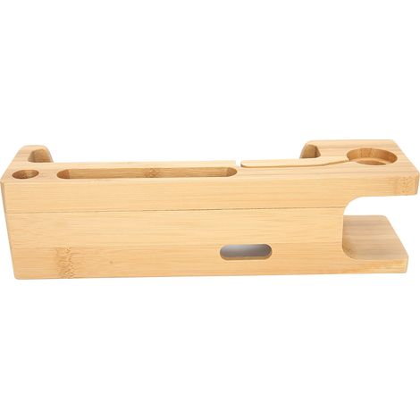 Support de charge bambou pour iPhone et montre connectée, rangement de bureau élégant. (1/5)