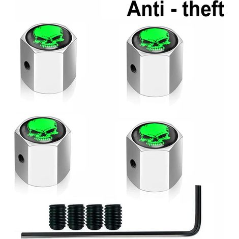 (Crâne argenté et vert) 4 bouchons de valve antivol pour pneus de voitures, camions et motos. Bouchon de valve avec doigt d'honneur, joint anti-poussière et verrouillage étanche. (1/5)
