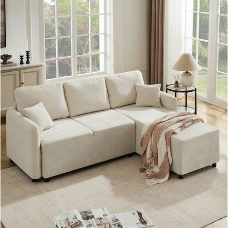 Canape d'angle 3 places compact chenille beige HAVRYA (1/5)