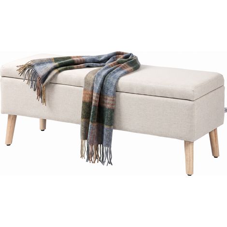 Banc coffre rangement rembourré aspect lin pour chambre à coucher, entrée, salon, charge 220 Kg, 110 x 39 x 45 cm, beige (1/5)