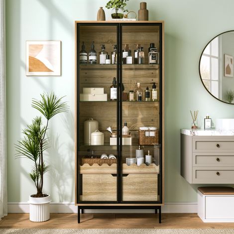 Mobile alto con anta in vetro, ripiani in vetro regolabili in altezza, cassetto, decorazione a onde, piedini in metallo – adatto per soggiorno, camera da letto e corridoio. (1/5)