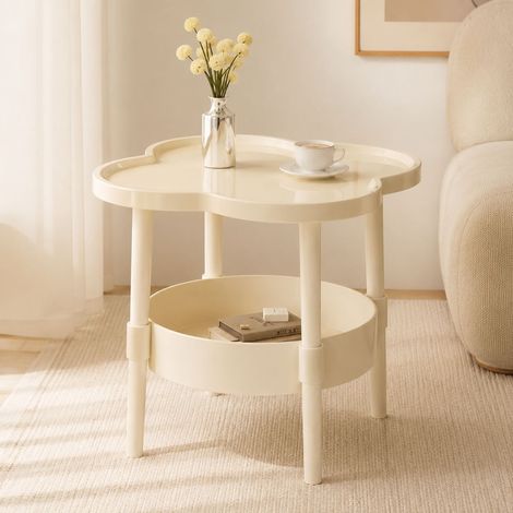 Table d'appoint design trèfle style crème en plastique pour Maison, étagère de rangement double couche avec bord anti-chute, hauteur 45 cm ou 50 cm, diamètre 39 cm, couleur blanc crème (1/5)