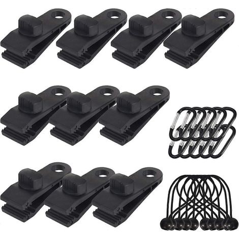 Lot de 10 pinces pour bâche d'extérieur avec sangle élastique et mousqueton en forme de D pour bâches, auvents, camping, caravanes et housses de voiture. (1/5)