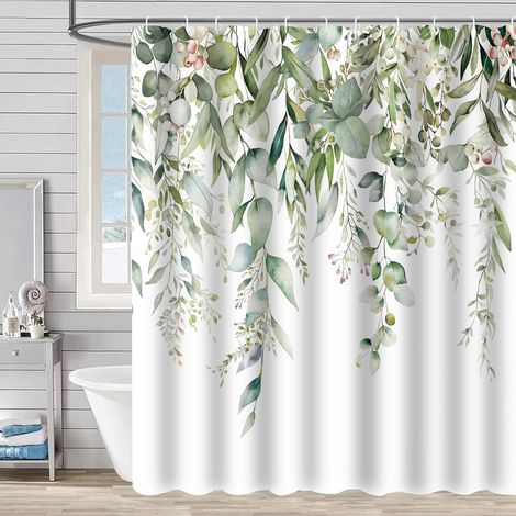 Cortina de ducha antimoho, 180 x 180 cm, estampado acuarela con hojas de plantas, lavable, impermeable, con ganchos, Estilo 24, 180180cm (1/5)