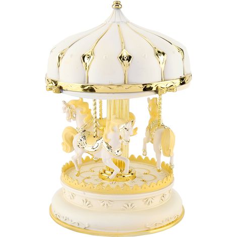 Boîte à musique carrousel à 3 chevaux en plastique doré - Cadeau d'anniversaire, Noël ou anniversaire de mariage (1/5)