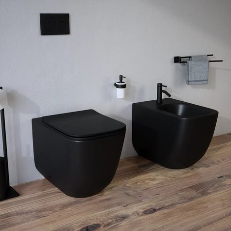 Sanitari filomuro in ceramica nero opaco vaso tornado silent flush sedile soft close e bidet Riga (1/4)