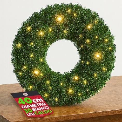 Corona Ghirlanda Natalizia Verde 40 cm con 30 Led Bianco Caldo Addobbo Natalizio (1/5)